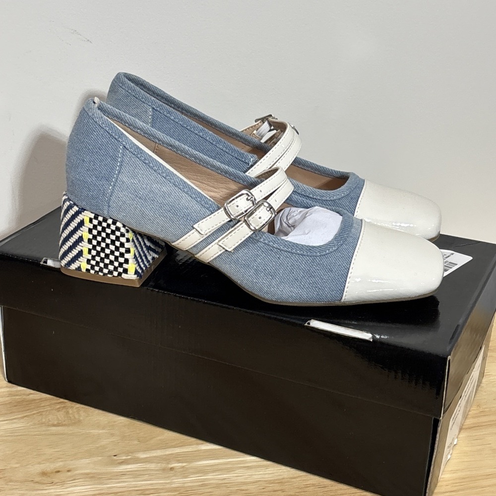 Masseys‎ Adara Block Heel Mary Jane Buckle Close Denim Cream Women's Size 6